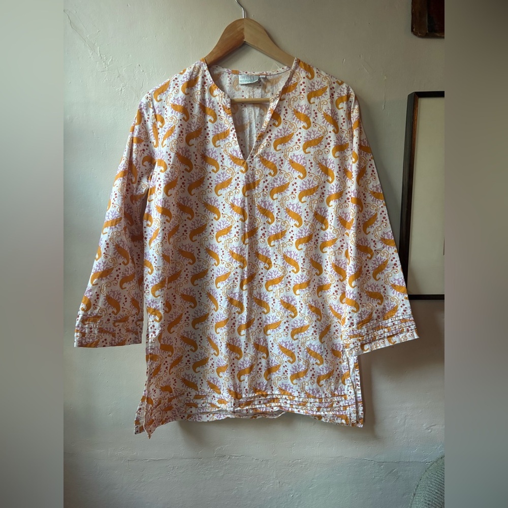 Needham Lane Woman’s Cotton Tunic Cover Up Top 100% Cotton Shrimp Pattern